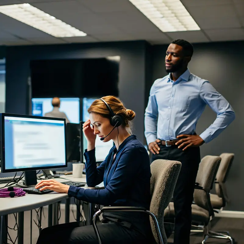Customer support staff appear exhausted in a dim office surrounded by glowing monitors.