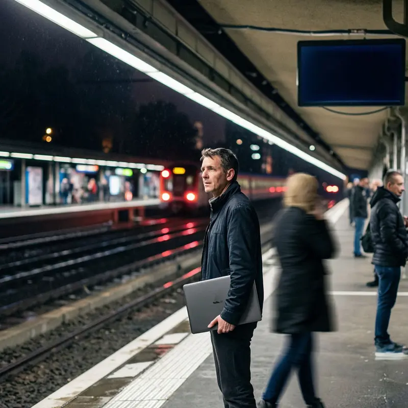 A PM waits on a night train platform, laptop in hand, as oncoming lights evoke fast-moving AI trends.