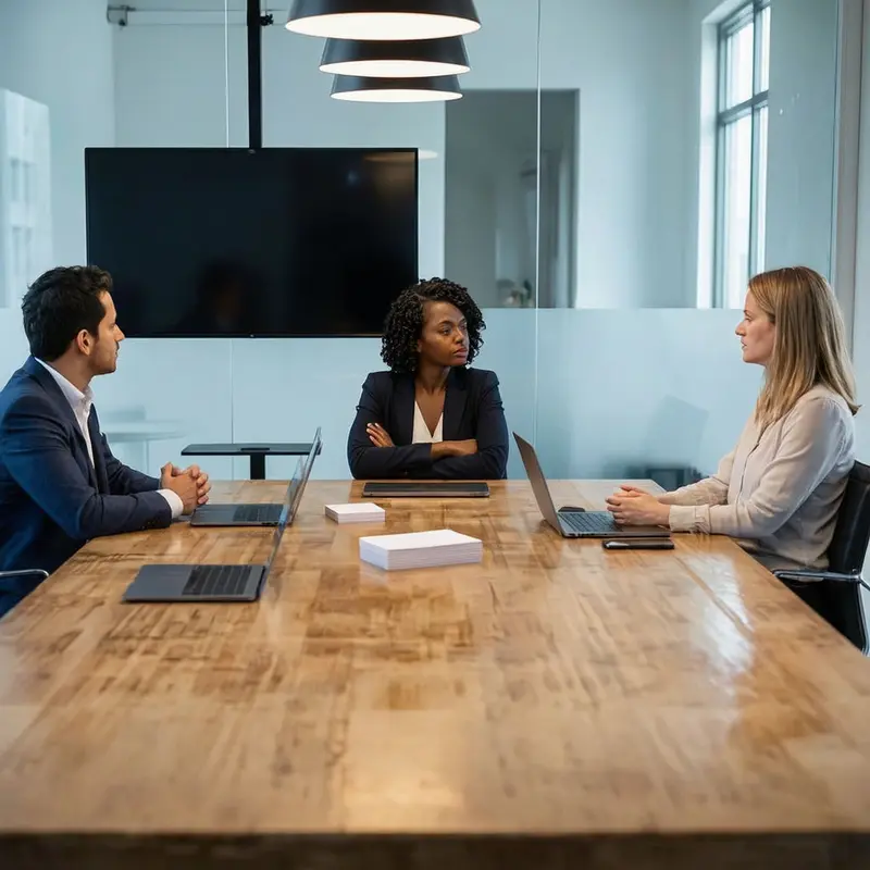 A PM team scrutinizes their AI toolkit in a quiet conference room with blank screens and notepads.
