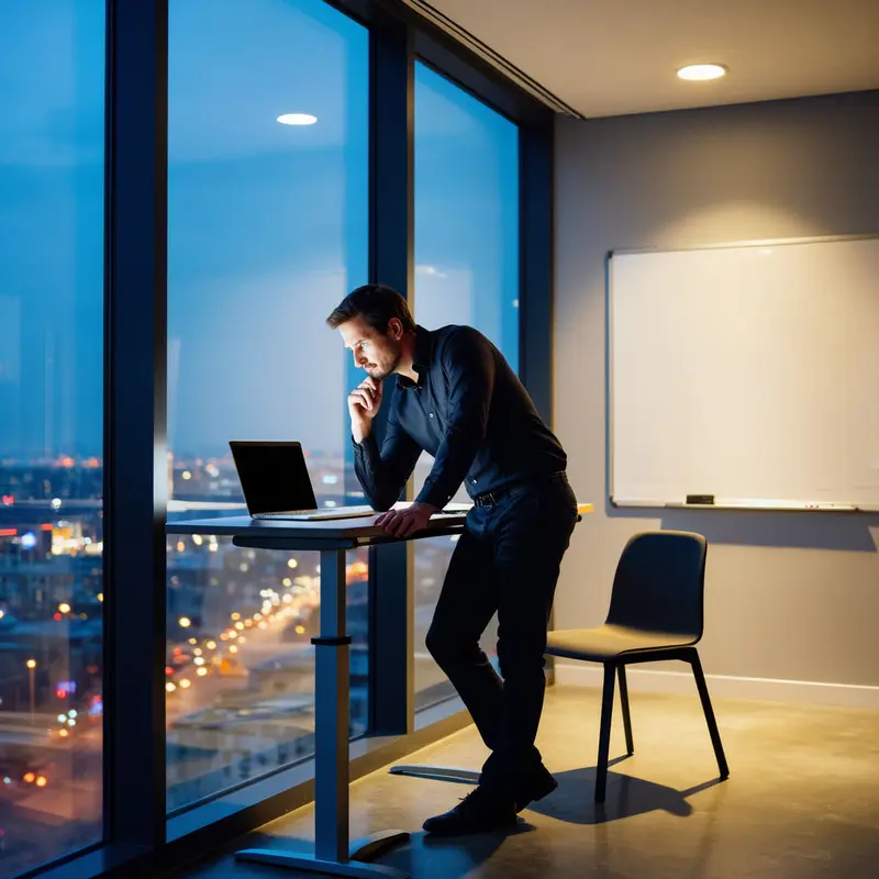 A product manager reflects in a high-rise office as evening city lights reveal the growing weight of AI memory.