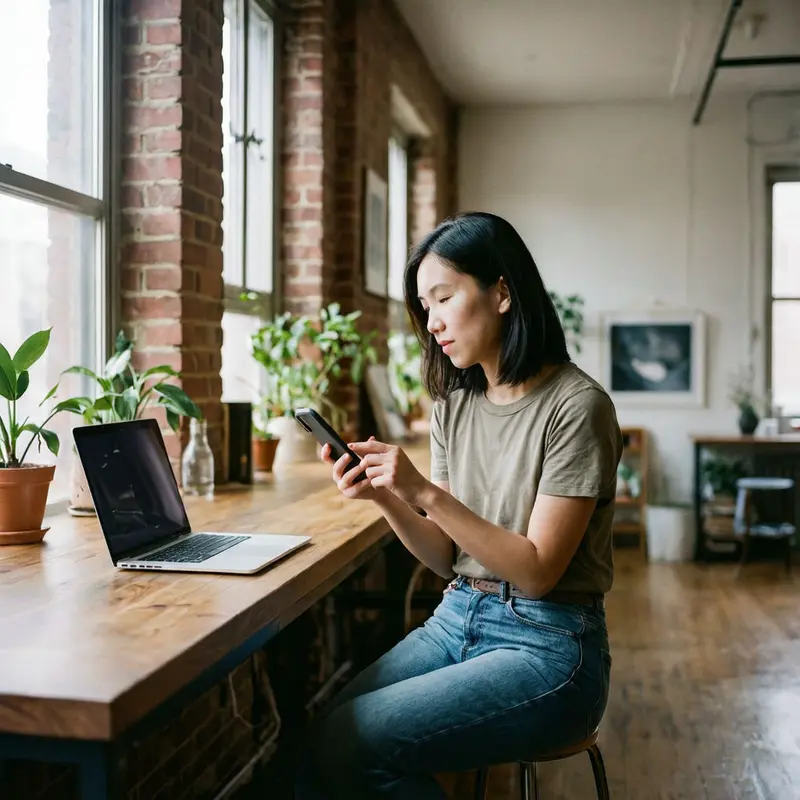 A UX designer tests subtle interactions on a smartphone in a bright loft studio.