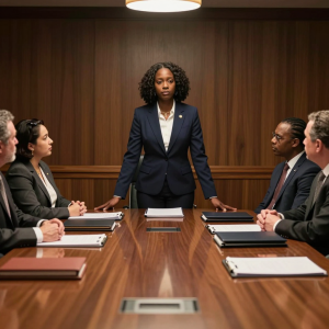A lead attorney addresses colleagues around a polished conference table under warm lights.