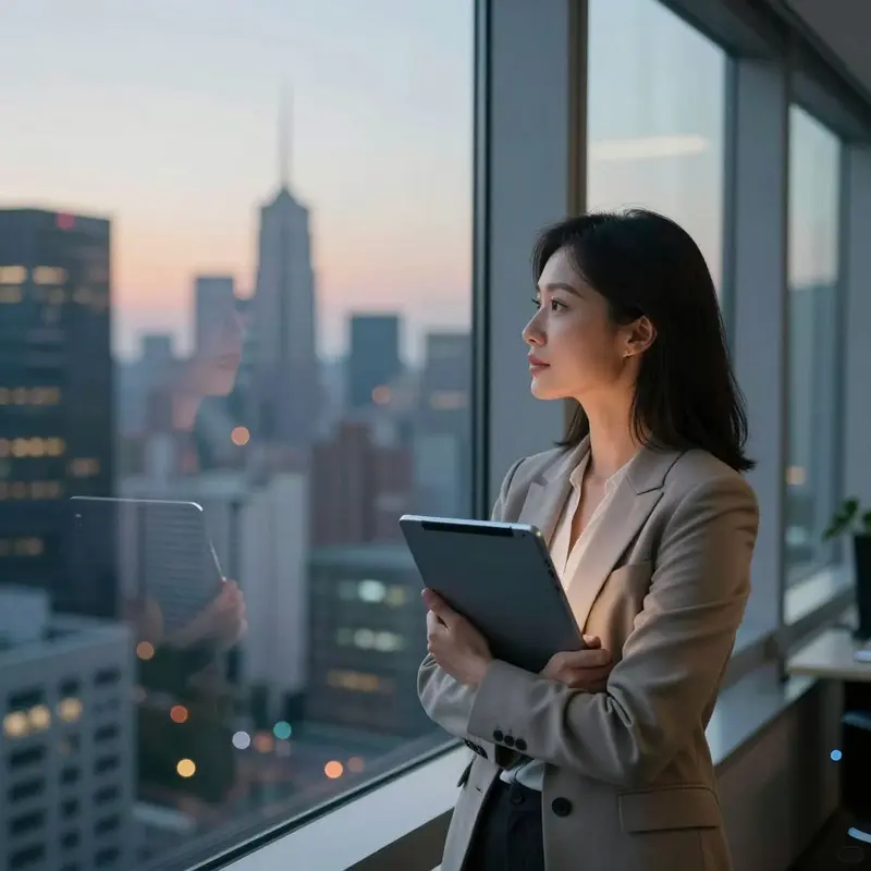 A knowledge worker holds a dark tablet by the window, contemplating how AI should adapt alongside her decisions.