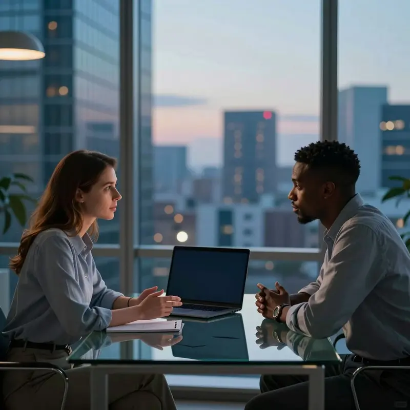 Caucasian woman and Black man lean toward a laptop with a dark screen in a twilight office, reflecting on agentic vs assisted AI control.