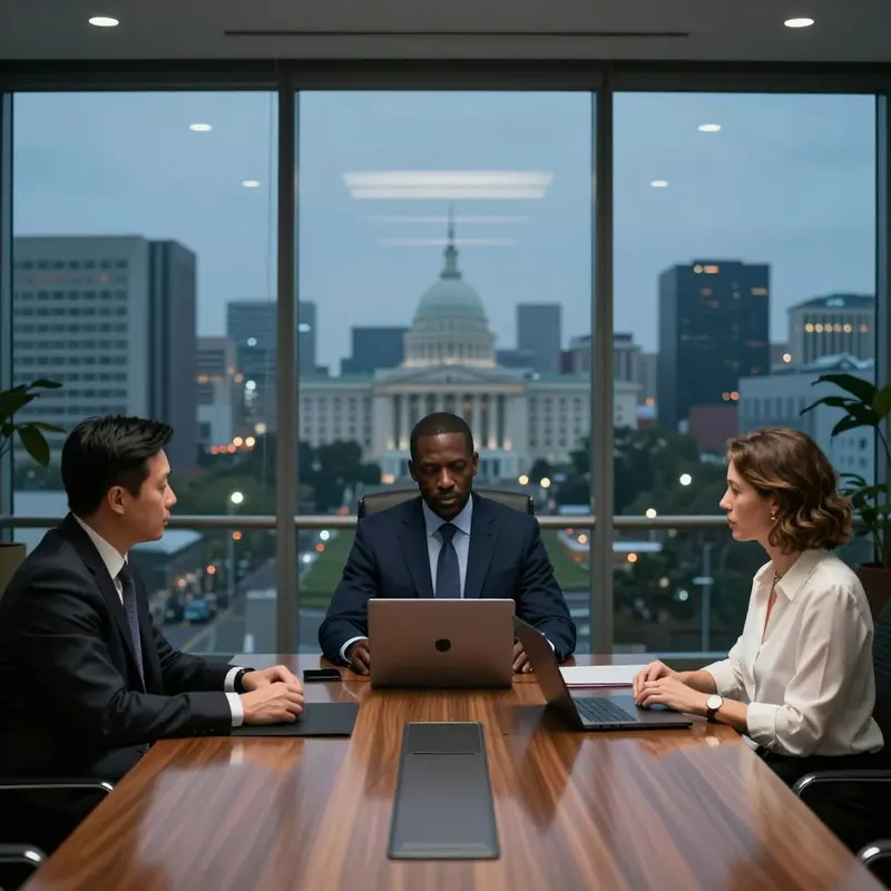 Three executives in a night war room overlooking government buildings debate AI defense contracts ethics and strategic impact.