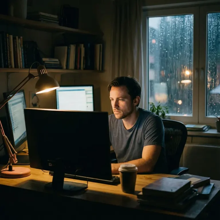 A Caucasian man sits at a wooden desk lit by a lamp, facing a dark monitor and blurred screen, echoing AI slop impact on internet search quality.