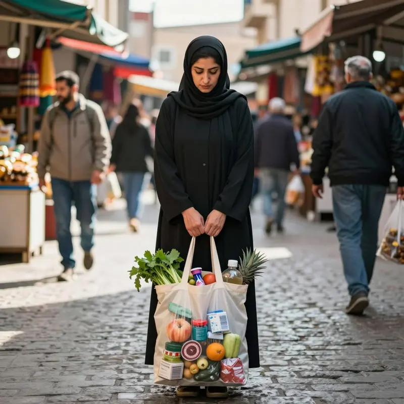 A shopper pauses in a market, holding a visibly full shopping bag at her side.