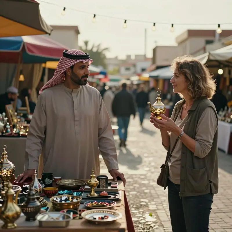 A buyer and vendor pause over a potential purchase at a bustling flea market booth.