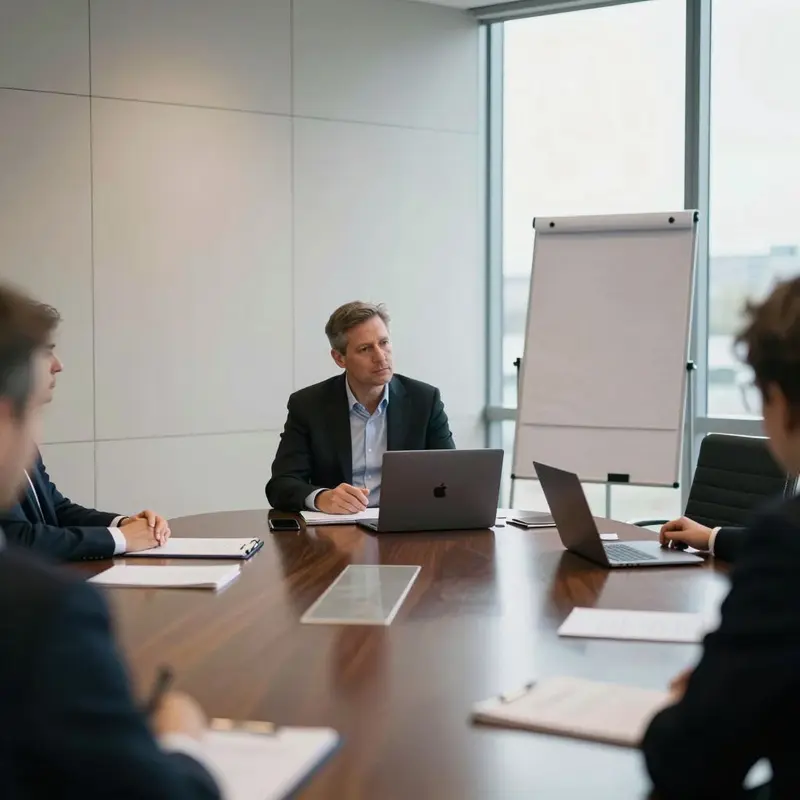 Executive seated at a conference table with closed documents prepared to present structured evidence.
