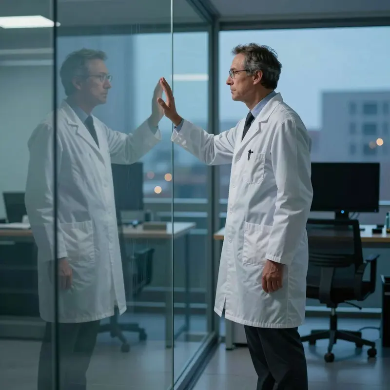 A knowledge worker pauses beside a clean glass wall, reflecting on when to intervene in an autonomous AI process.