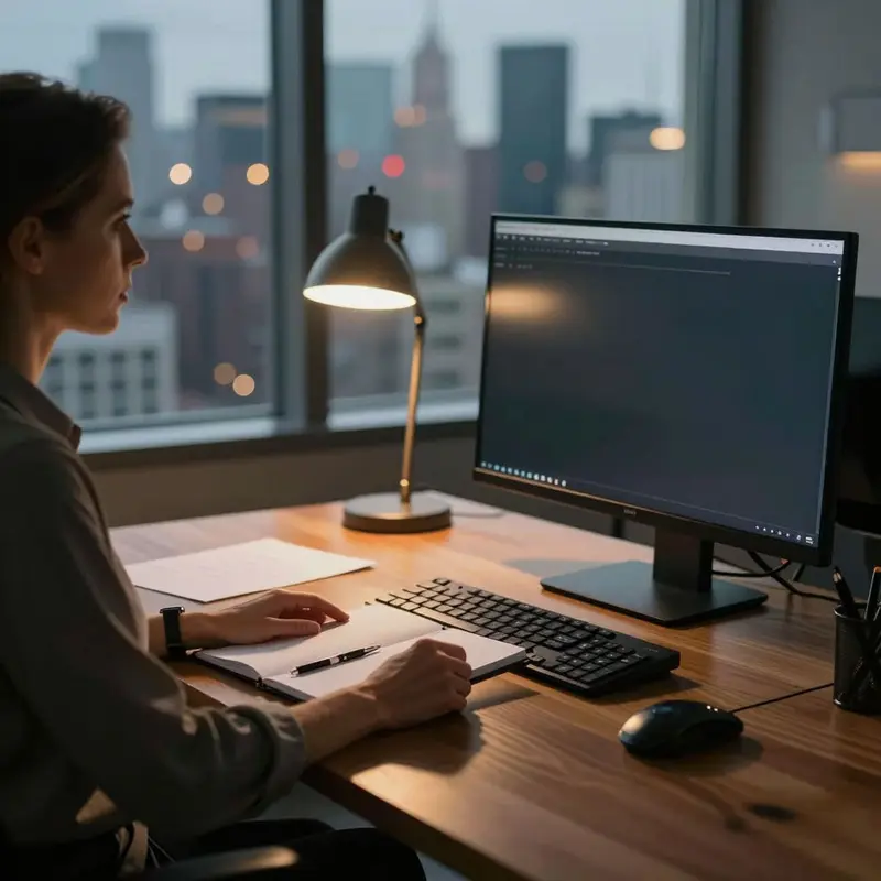 Analyst at a desk reviewing a dark screen and gathering scattered logging signals into a coherent picture.