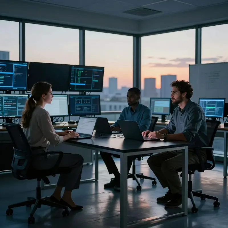 Three engineers seated at a long desk facing dark screens in a dusk-lit control room focused on AI drift detection monitoring.