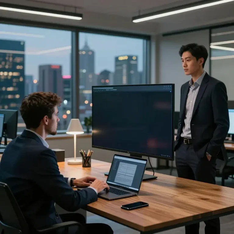 Ecommerce leaders gathered around a desk with closed devices in a city-view room, reflecting on ecommerce checkout consent and frictionless payments.