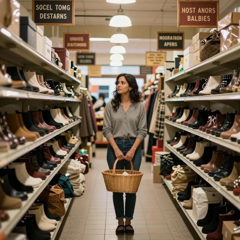 A shopper calmly navigates clearly labeled store sections, choosing where to explore next.