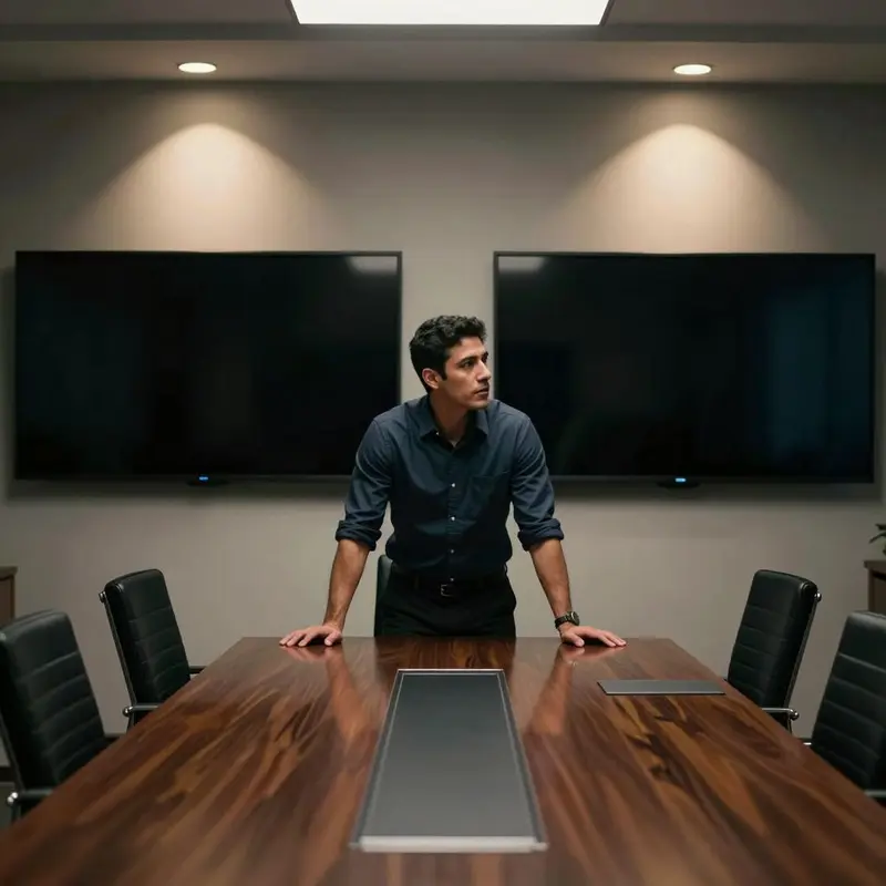 A professional studies dark wall screens from the end of a conference table, weighing efficiency against scalability.