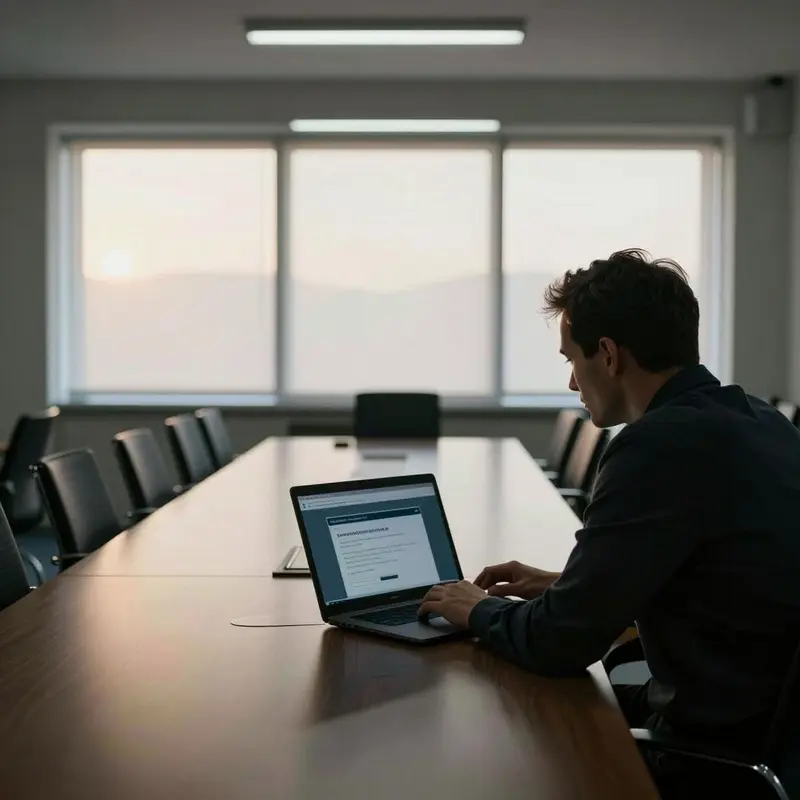 Executive sits in a stark conference room, questioning a warm-toned sales email.