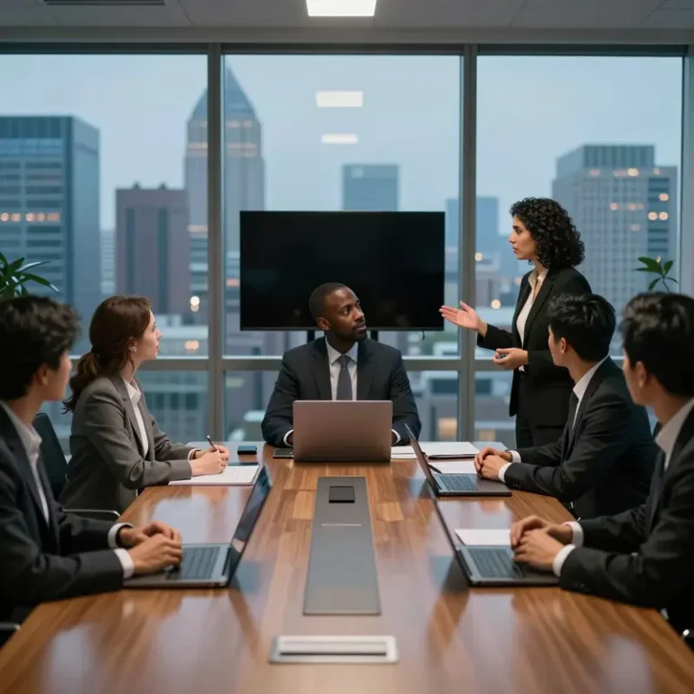 An executive team in a conference room reviews a structured web accessibility implementation plan aimed at meeting compliance deadlines.