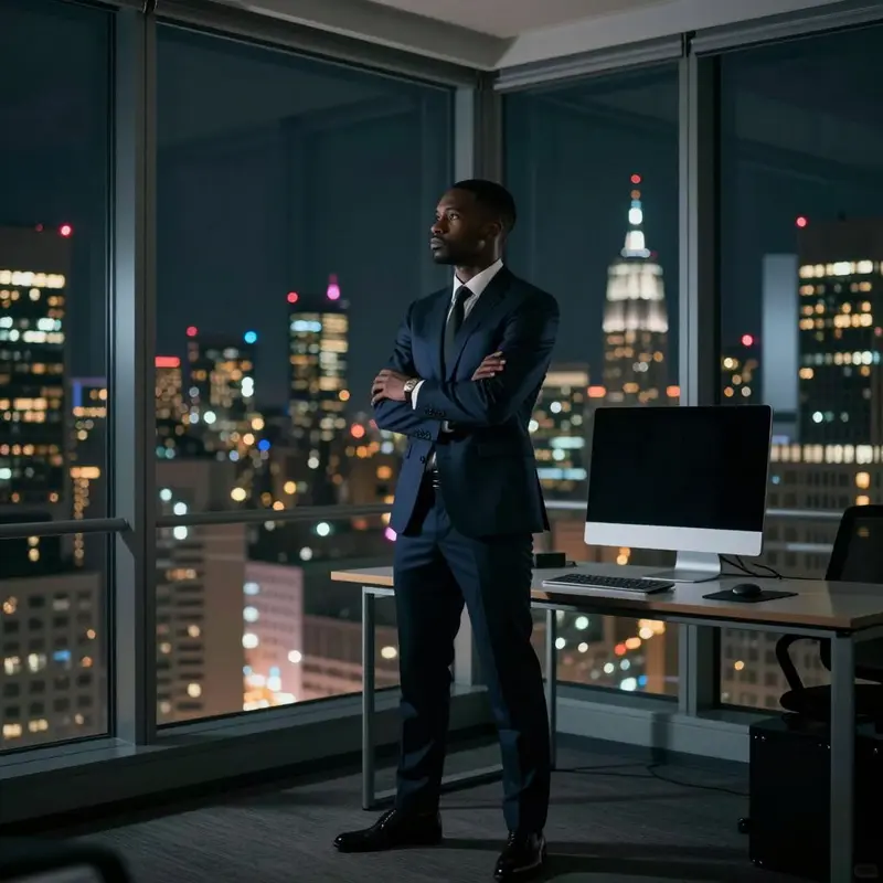 An executive stands before a city skyline and a dark monitor, contemplating AI’s role in his future control.