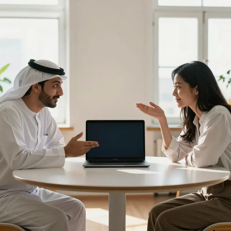 Two colleagues discuss a dark-screen laptop, embodying a balanced partnership with AI.