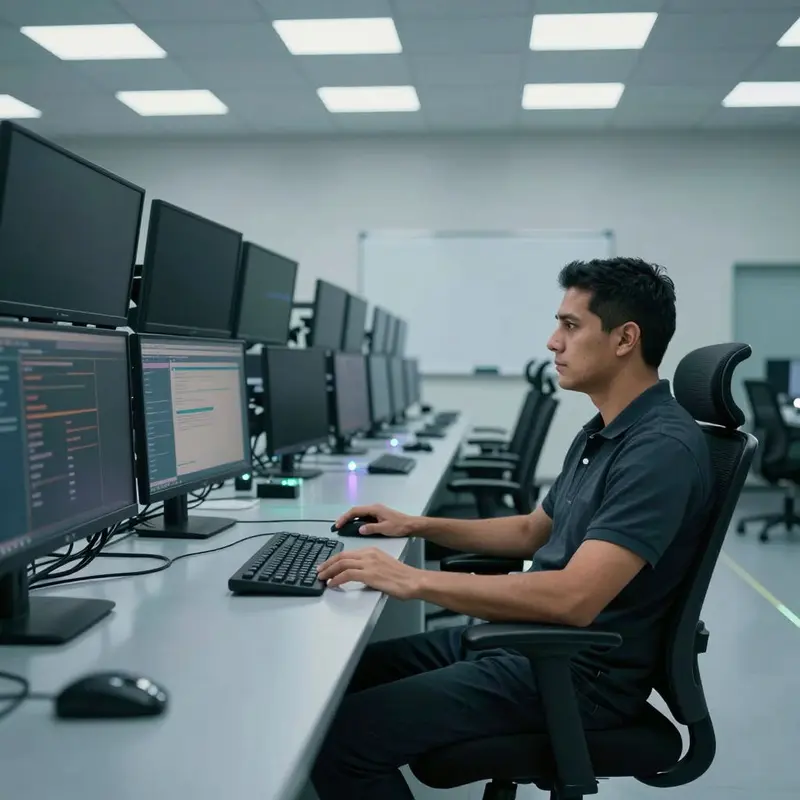 Operator seated at a curved workstation observing dark monitors in a low-latency monitoring center.