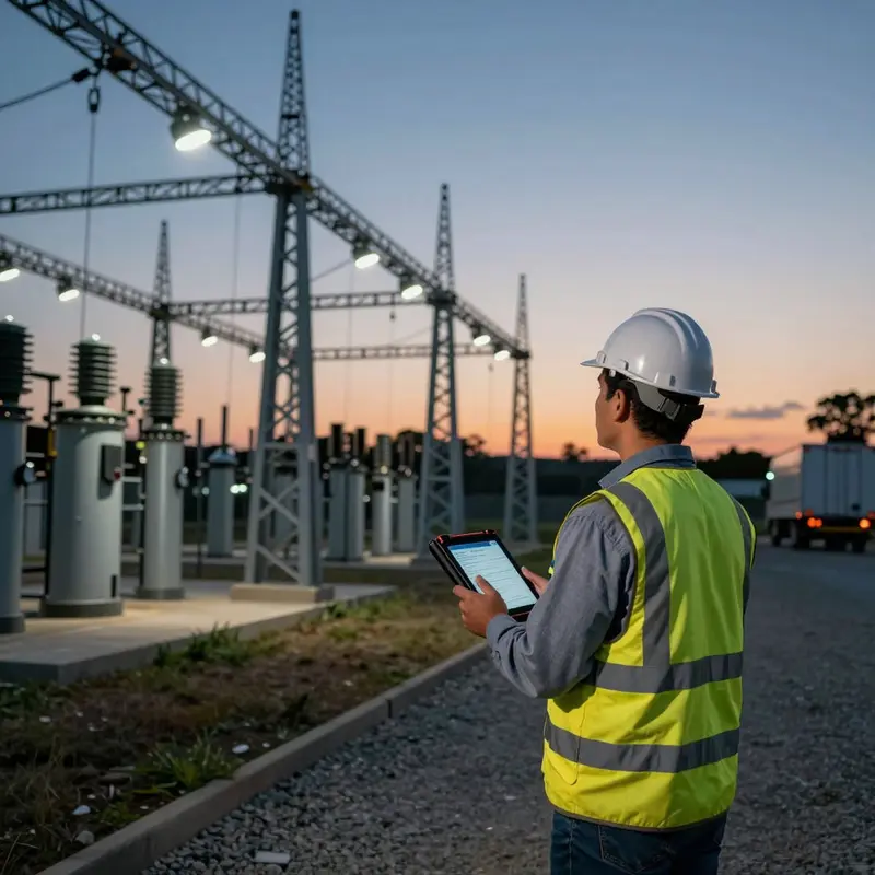 An engineer stands at a large substation at twilight holding a closed tablet against their vest.