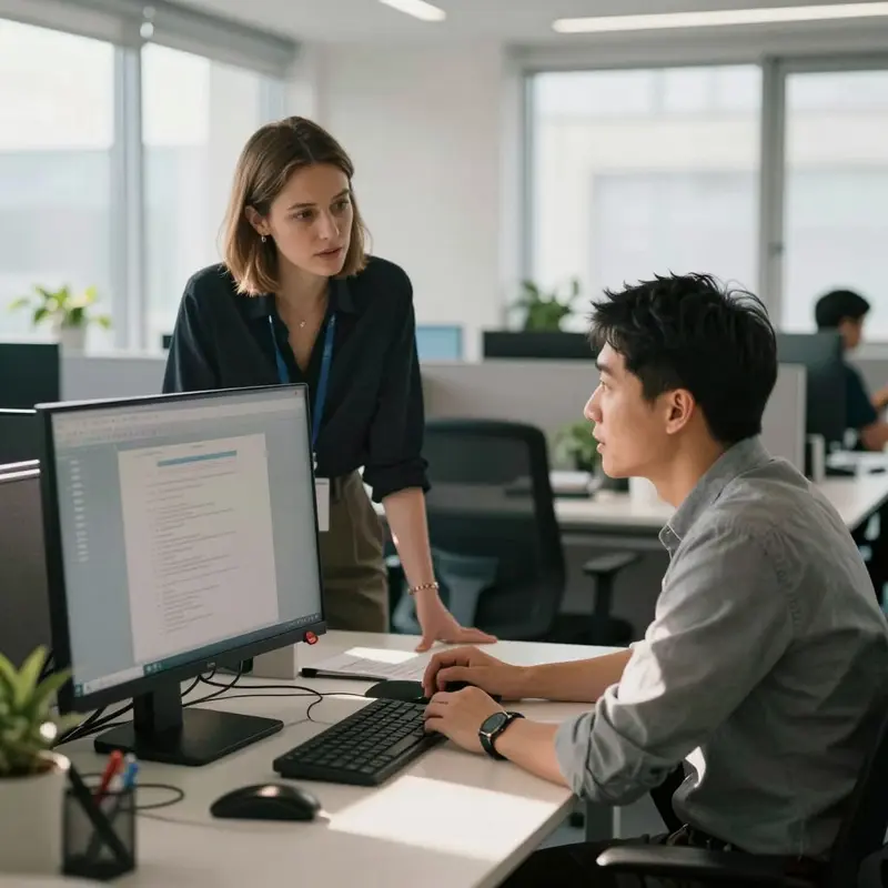Colleagues review accessibility checks together at a shared desk in an open office.