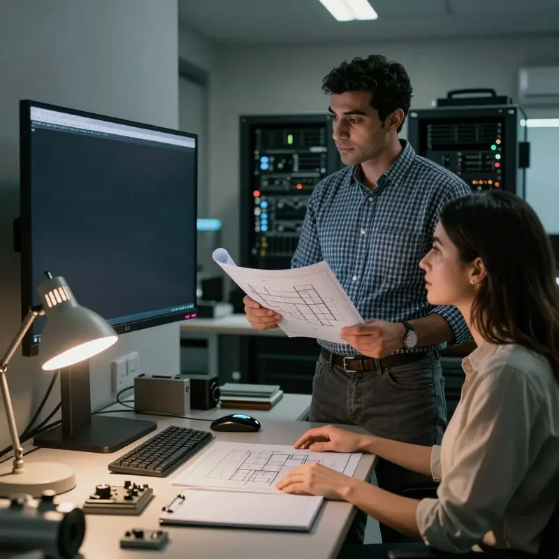 Engineers stand and sit around a dark monitor with drawings ready for project execution.
