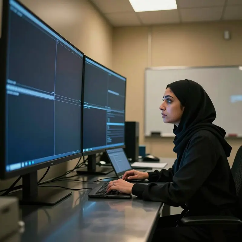 Engineer in a control room carefully observing a dark screen wall while analyzing failure signals.