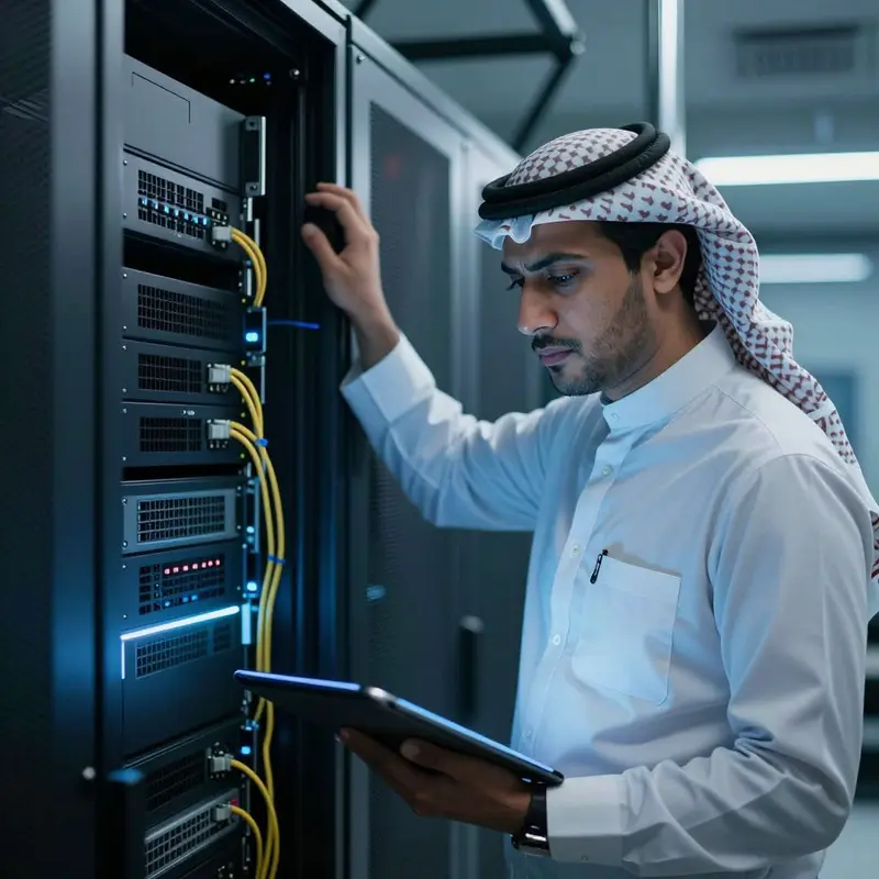 IT lead examines server racks, worried about uncontrolled automated email systems.