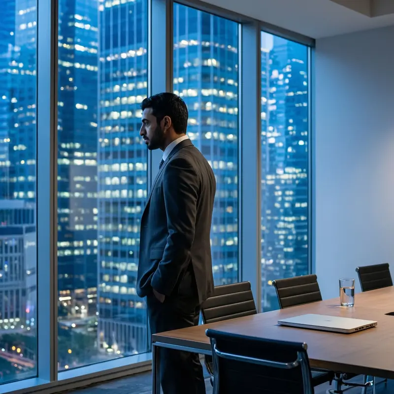 An executive stands by a glass window overlooking a brightly lit city skyline at night.