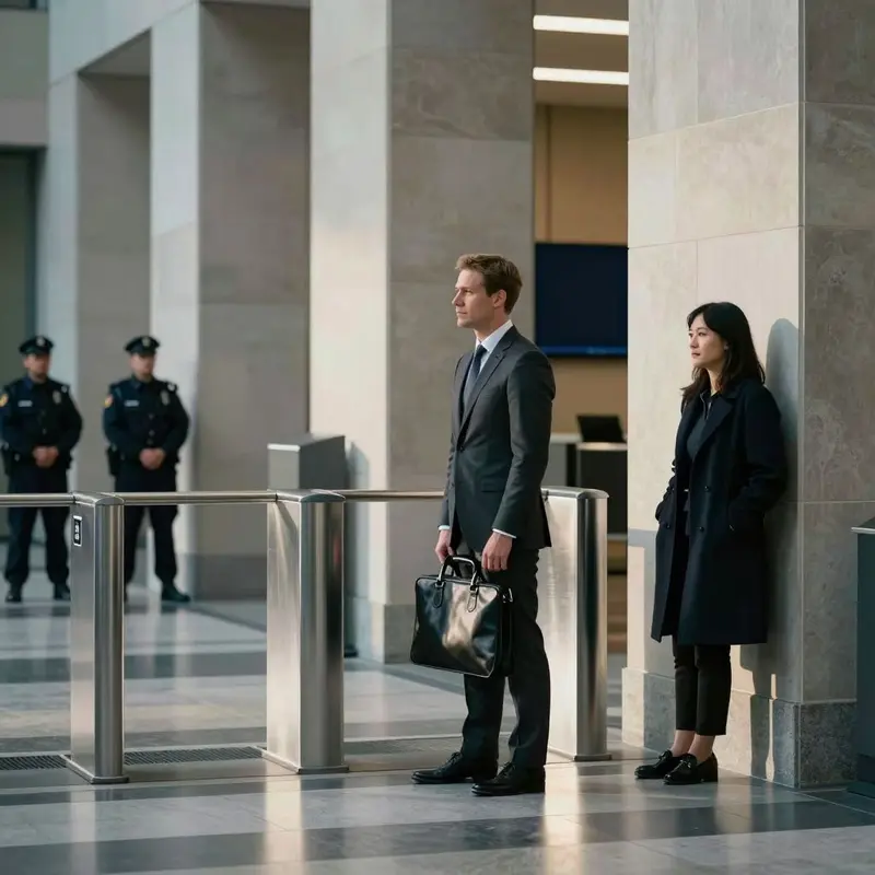Contractors wait near security barriers, symbolizing how access rules shape AI defense market entry.