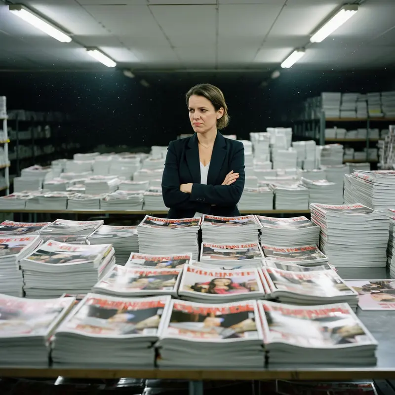 A skeptical woman surveys massive stacks of identical blank magazines in a dim warehouse.