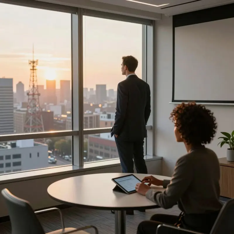 Executives in a high-rise office overlook transmission towers as they contemplate strategy.
