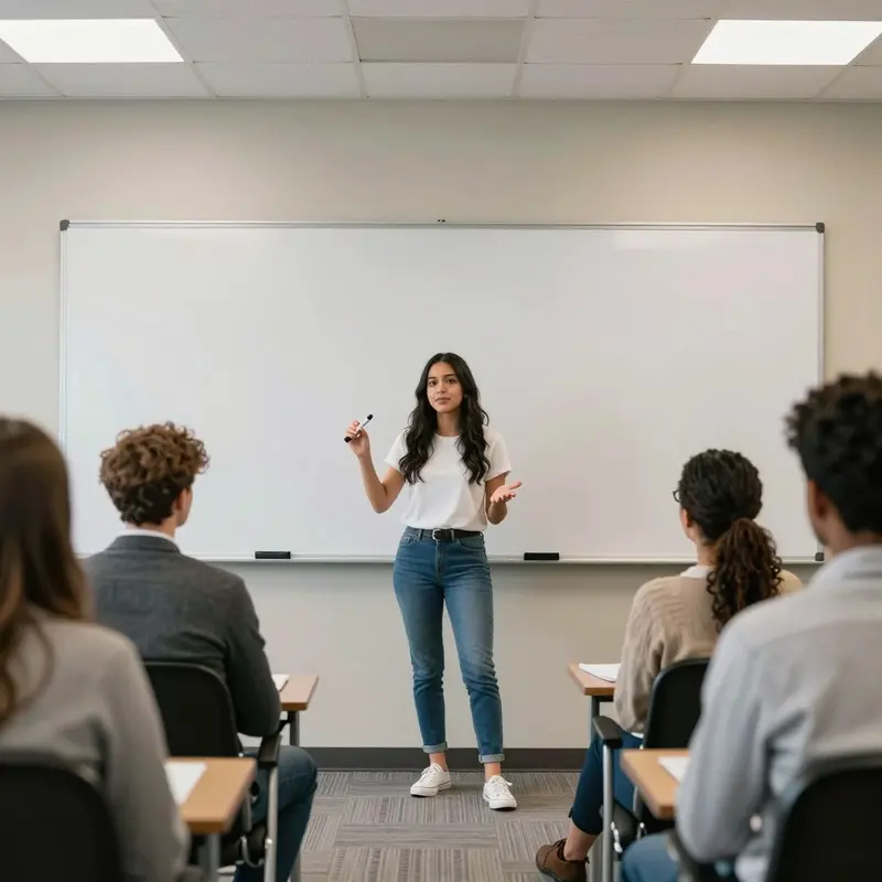 A trainer gestures beside a blank whiteboard as colleagues listen, emphasizing structured AI onboarding.