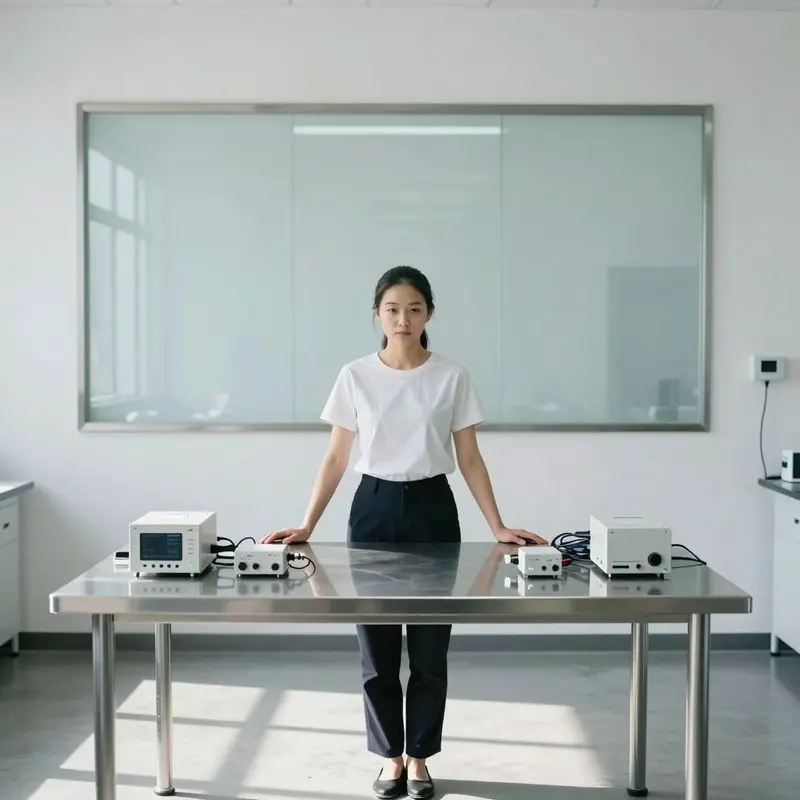 Engineer in a minimalist lab resting hands on a metal table while assessing standardized input hardware.
