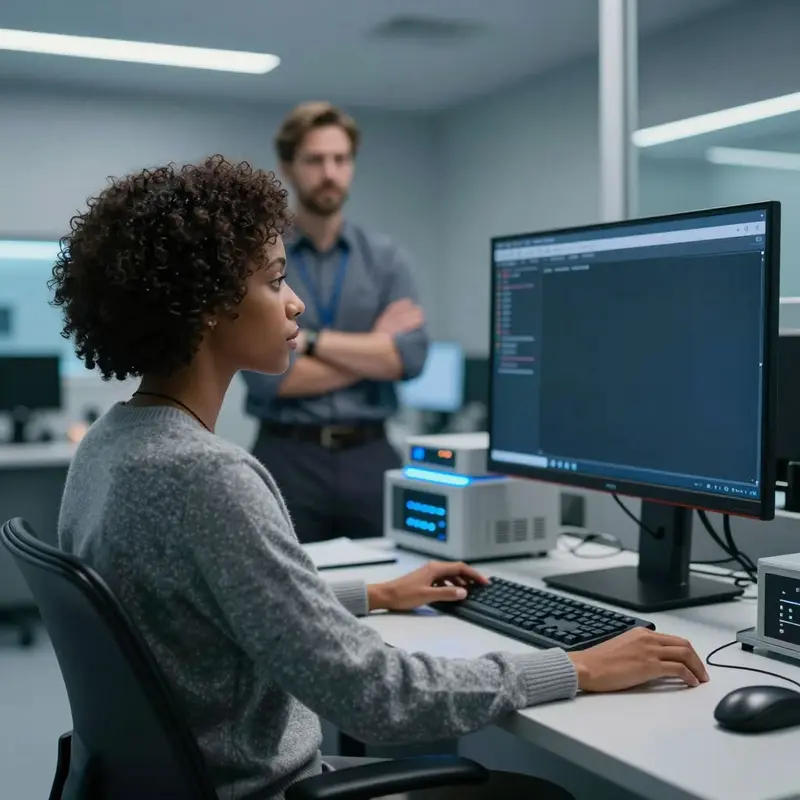 Operations staff in a dim control room focus on a dark monitor in a streamlined workspace.