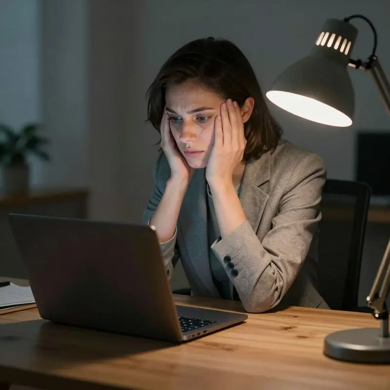 A worker sits quietly before a closed laptop, feeling the emotional weight of over-automation.
