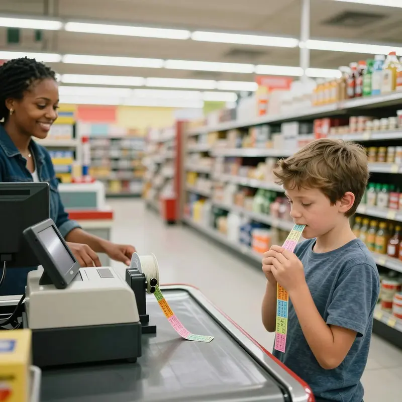 A child clutches a long strip of raffle tickets at a busy supermarket checkout.