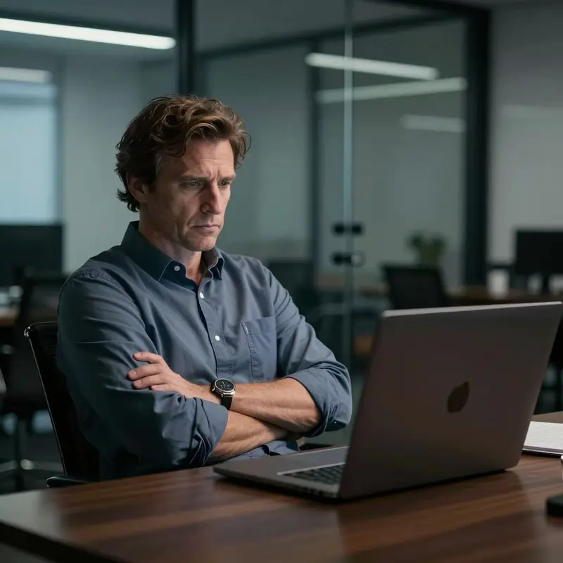 Sales leader hesitates over an overly polished automated email on a laptop.
