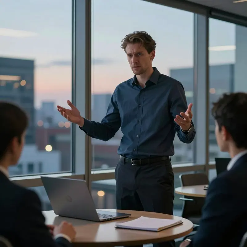 Sales manager gestures tensely while discussing overly pushy automated email nudges.