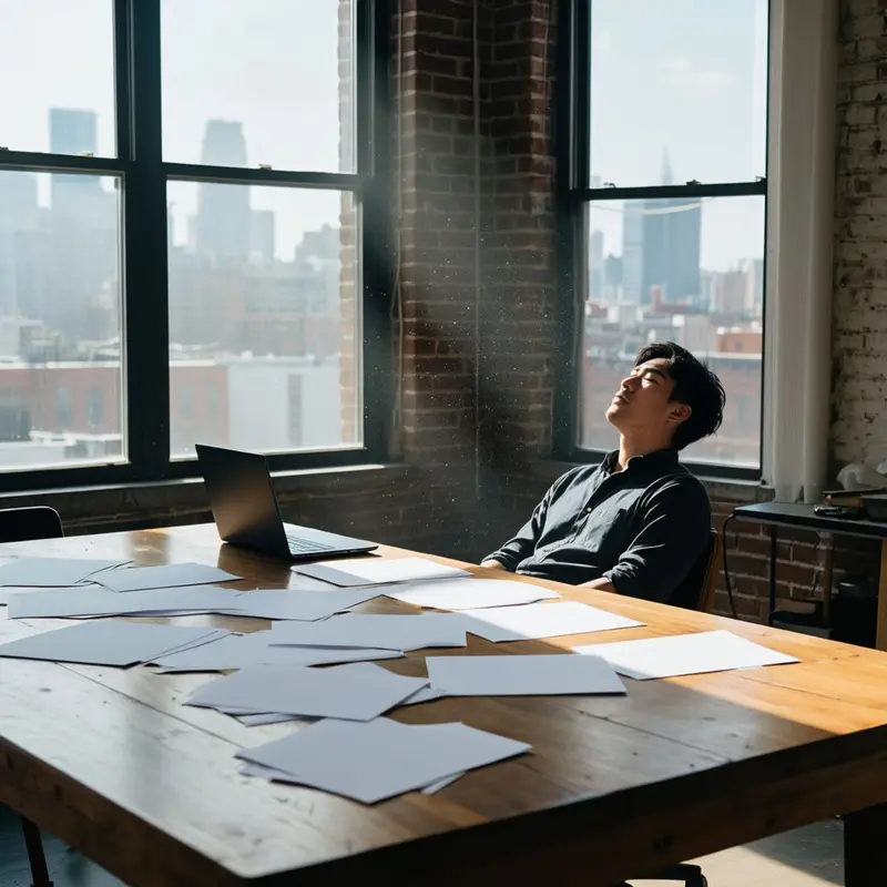 An exhausted man sits among blank pages and a dark laptop in a quiet loft studio.