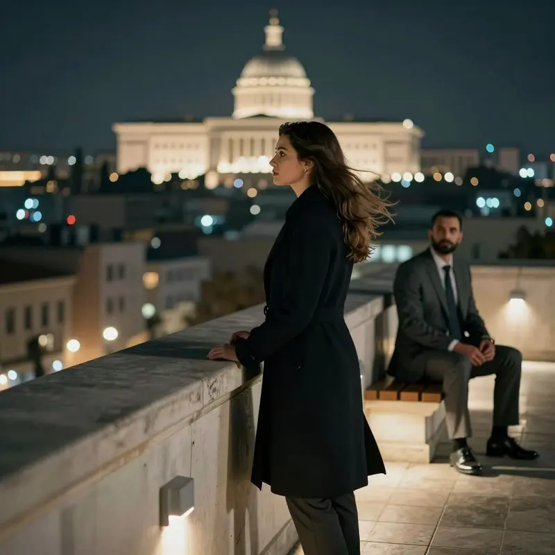 Leaders on a rooftop terrace look toward government buildings, contemplating durable safeguards in AI defense.