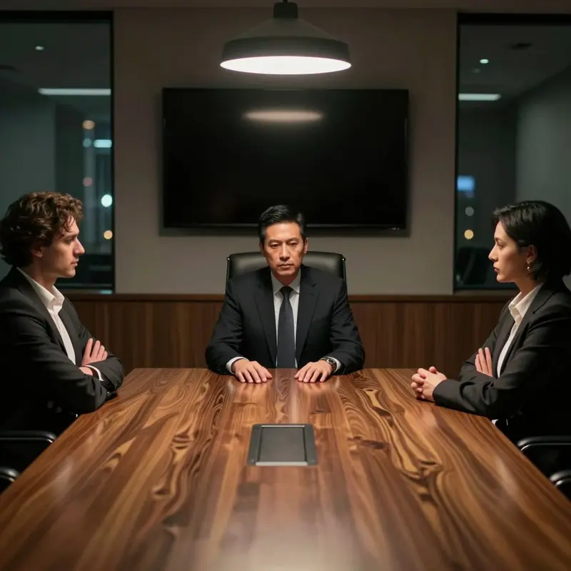 Executives sit around a boardroom table in low light during a serious strategic review.