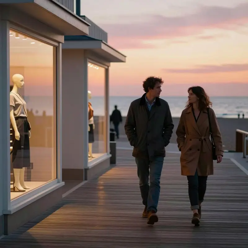 A couple strolls past shop windows at sunset, browsing at an unhurried pace.