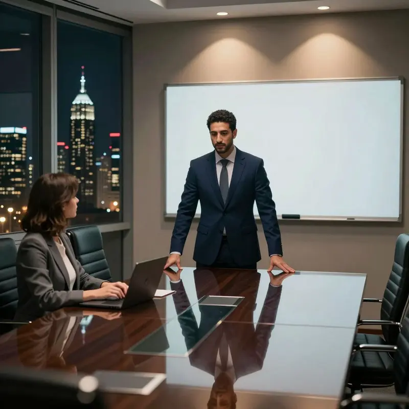 Executives in a secure conference room consider supplier power dynamics against a night city backdrop.