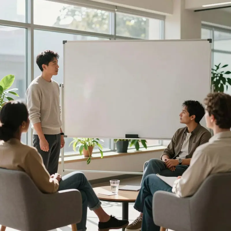A small team gathers in a casual space to discuss long-term accessibility practices.