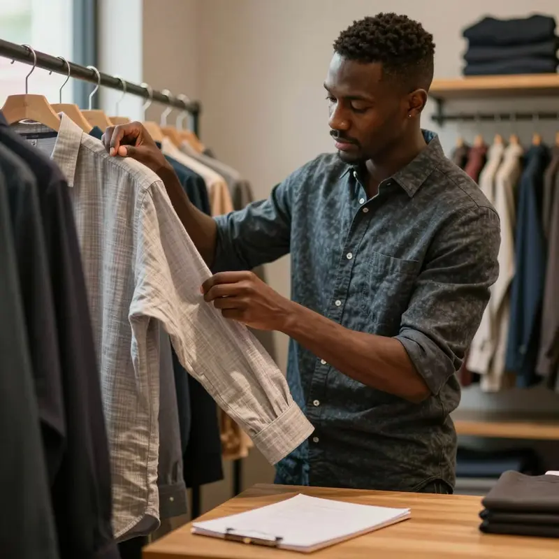 A shopper feels the texture of a shirt to judge quality before buying.