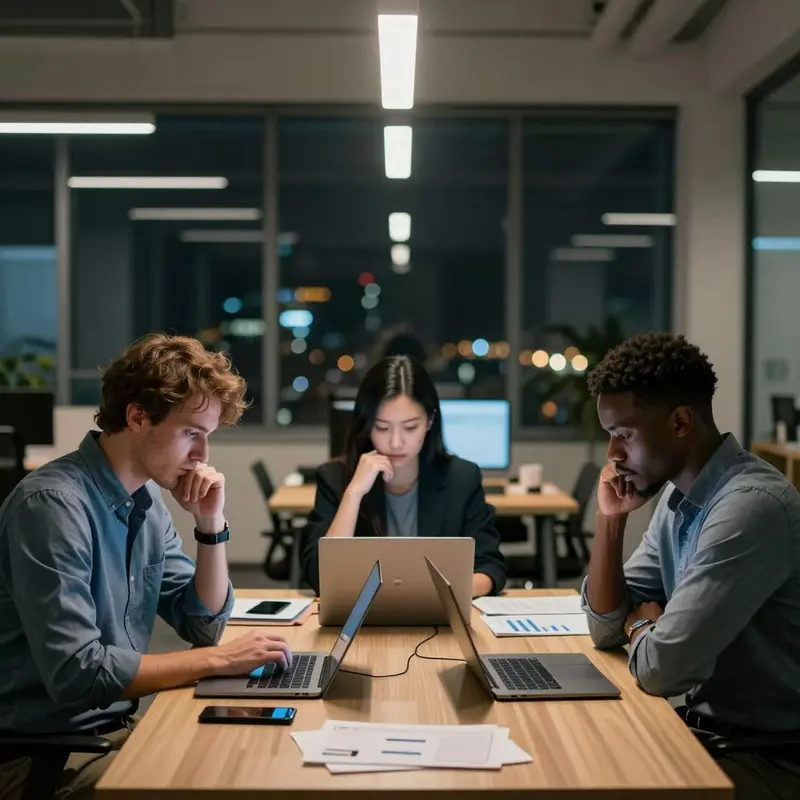 Three colleagues stand around a table in a dim office, tense as they consider sales email automation backlash and its effect on customer relationships.