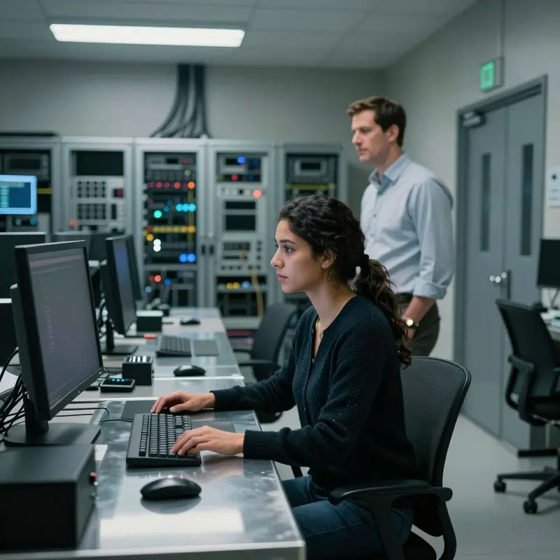 Engineers in a secure operations room evaluate how sensitive AI systems connect to defense infrastructure.
