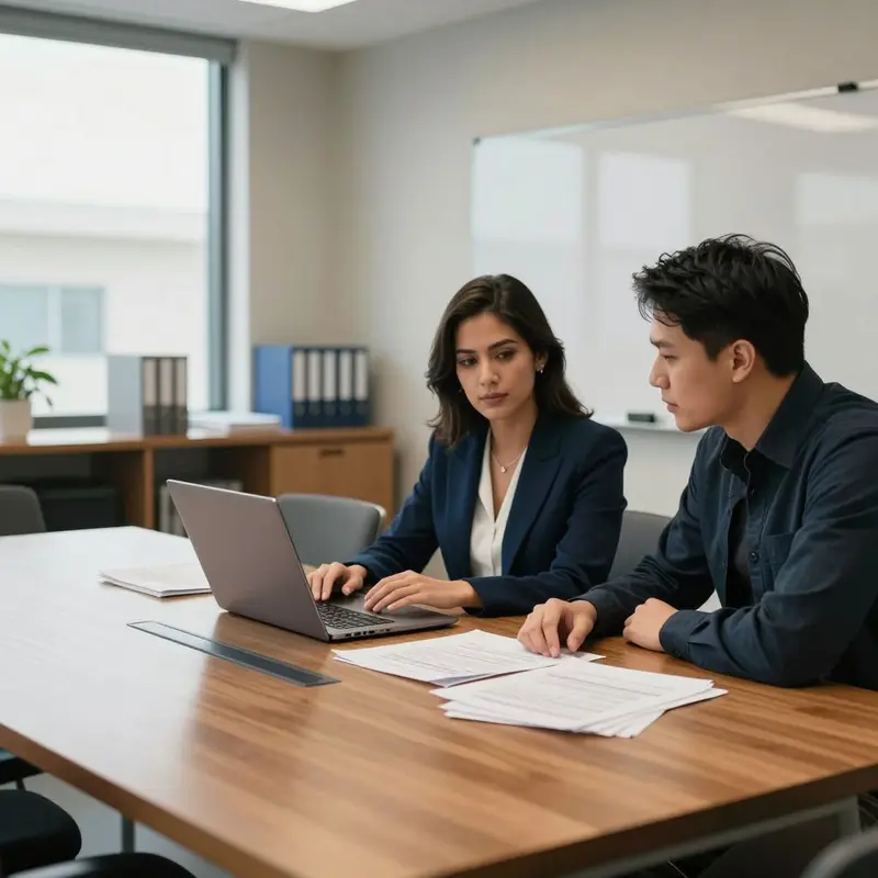 Project leads sit across a table with closed laptops and paper plans during a toolkit review.